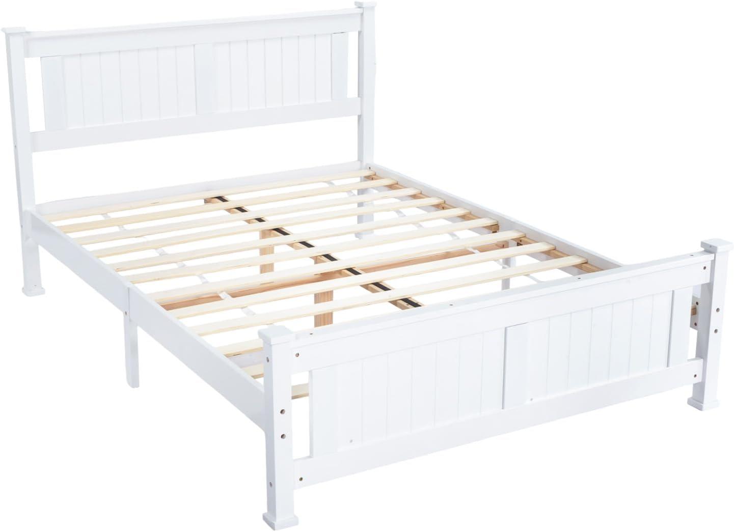 imageVINGLI Twin Bed Frame Solid Wood Platform Single Bed with Headboard No Box Spring Needed Panel Bed Wood Slat Support Mattress Foundation GrayWhite