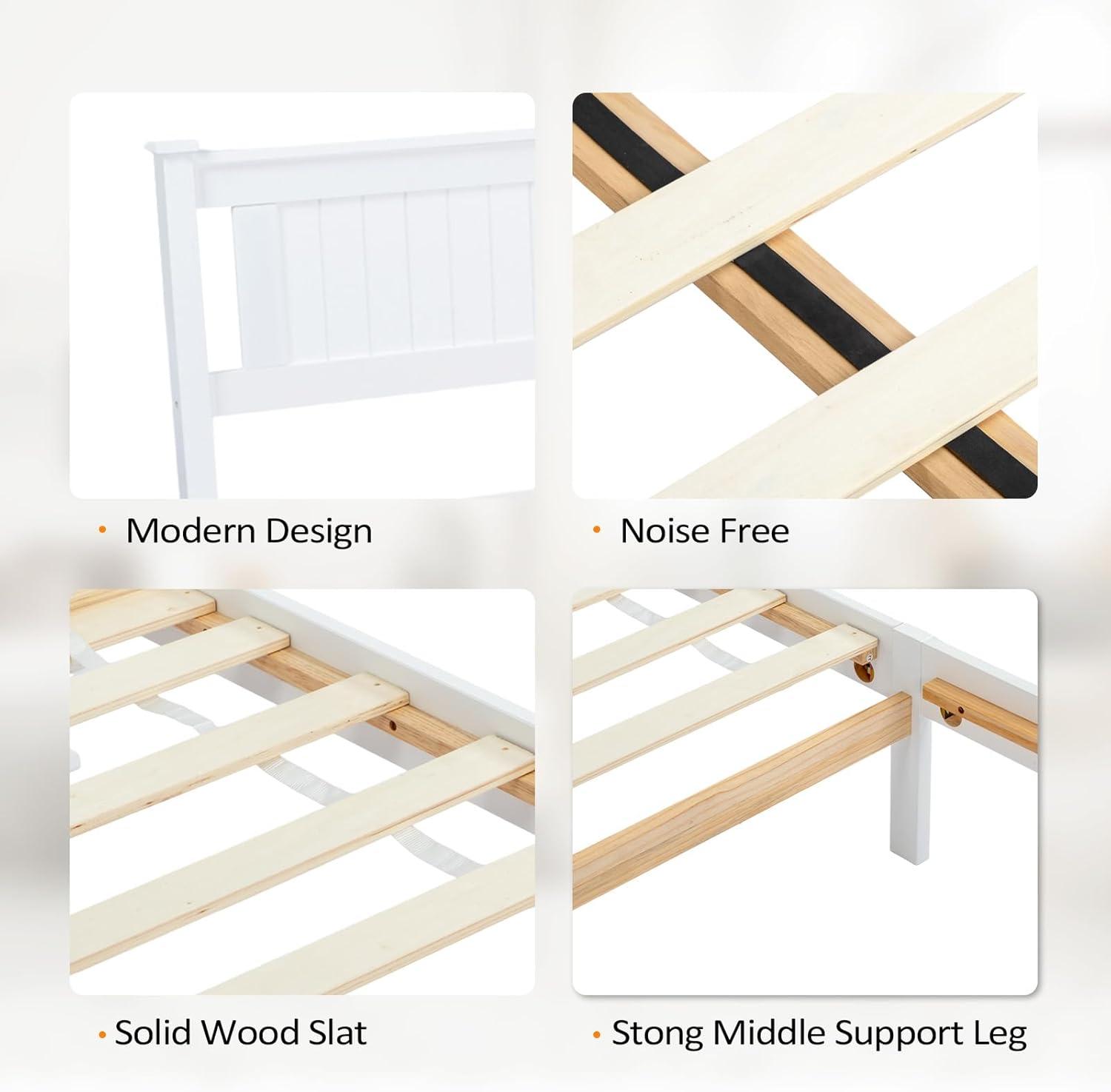 imageVINGLI Twin Bed Frame Solid Wood Platform Single Bed with Headboard No Box Spring Needed Panel Bed Wood Slat Support Mattress Foundation GrayWhite