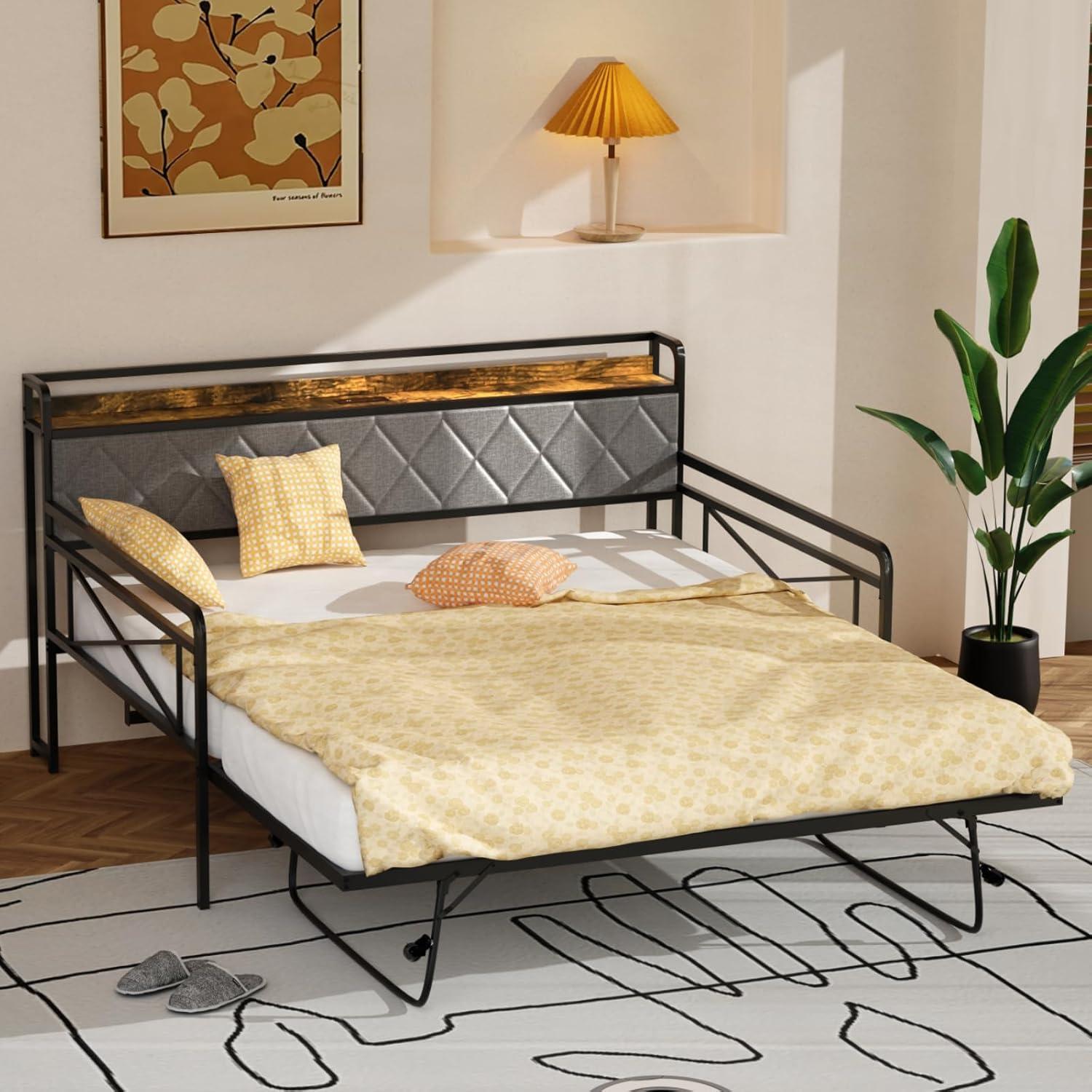 imageVINGLI Twin Daybed with Trundle Bed Sofa DayBed with LED Light ampamp Charing Station Upholstered Bed Frame with Storage Headboard and Heavy Duty Metal Slats for Living Room Bedroom Guest Room GrayBlackfabric Grey