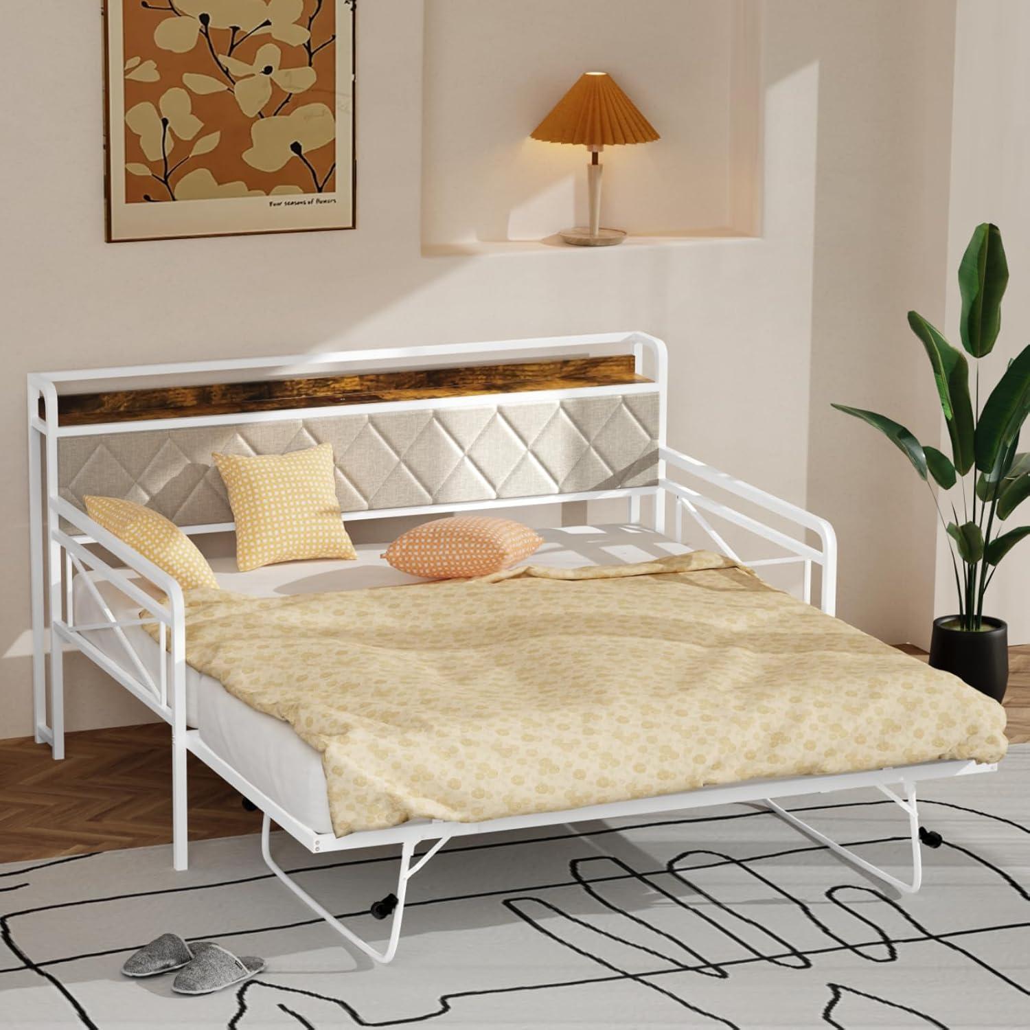 imageVINGLI Twin Daybed with Trundle Bed Sofa DayBed with LED Light ampamp Charing Station Upholstered Bed Frame with Storage Headboard and Heavy Duty Metal Slats for Living Room Bedroom Guest Room GrayWhite  Colorful Led