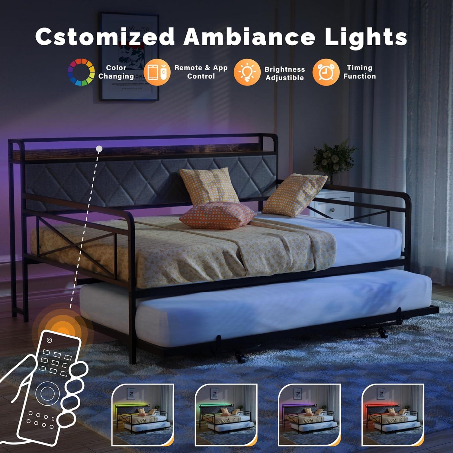 imageVINGLI Twin Daybed with Trundle Bed Sofa DayBed with LED Light ampamp Charing Station Upholstered Bed Frame with Storage Headboard and Heavy Duty Metal Slats for Living Room Bedroom Guest Room GrayBlackfabric Grey