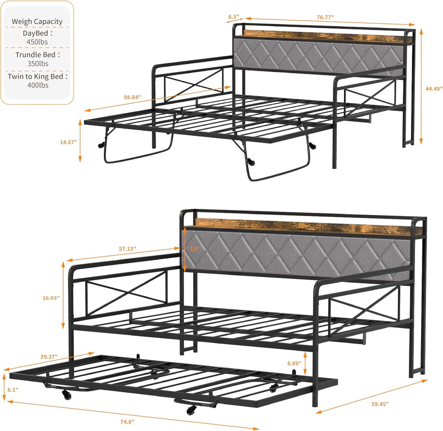 imageVINGLI Twin Daybed with Trundle Bed Sofa DayBed with LED Light ampamp Charing Station Upholstered Bed Frame with Storage Headboard and Heavy Duty Metal Slats for Living Room Bedroom Guest Room GrayBlackfabric Grey