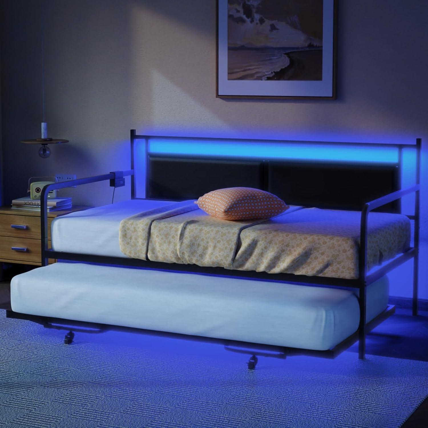 imageVINGLI Twin Daybed with Trundle Bed Sofa DayBed with LED Light ampamp Charing Station Upholstered Bed Frame with Storage Headboard and Heavy Duty Metal Slats for Living Room Bedroom Guest Room GrayBlackleather