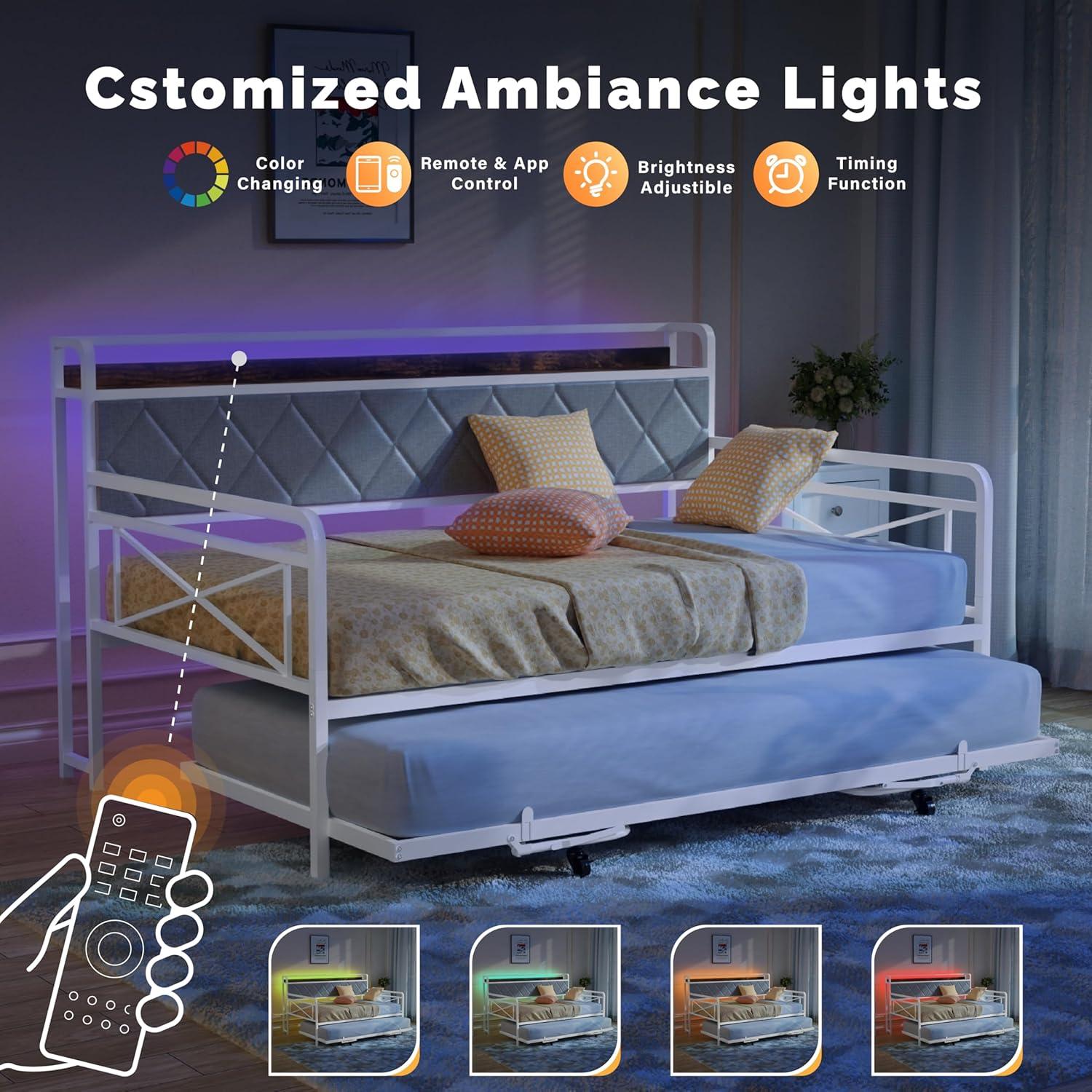 imageVINGLI Twin Daybed with Trundle Bed Sofa DayBed with LED Light ampamp Charing Station Upholstered Bed Frame with Storage Headboard and Heavy Duty Metal Slats for Living Room Bedroom Guest Room GrayWhite  Colorful Led
