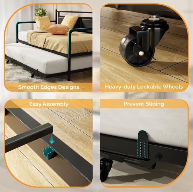 imageVINGLI Twin Daybed with Trundle Bed Sofa DayBed with LED Light ampamp Charing Station Upholstered Bed Frame with Storage Headboard and Heavy Duty Metal Slats for Living Room Bedroom Guest Room GrayBlackleather