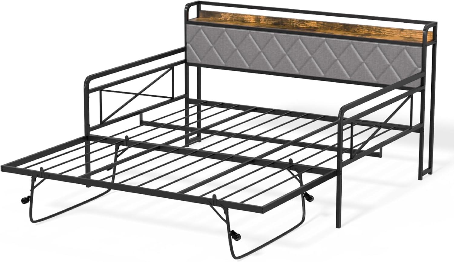 imageVINGLI Twin Daybed with Trundle Bed Sofa DayBed with LED Light ampamp Charing Station Upholstered Bed Frame with Storage Headboard and Heavy Duty Metal Slats for Living Room Bedroom Guest Room GrayBlackfabric Grey