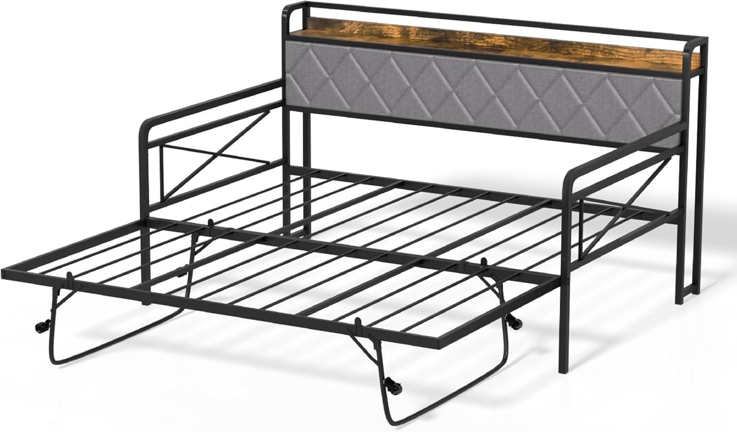 imageVINGLI Twin Daybed with Trundle Bed Sofa DayBed with LED Light ampamp Charing Station Upholstered Bed Frame with Storage Headboard and Heavy Duty Metal Slats for Living Room Bedroom Guest Room GrayBlackfabric Grey
