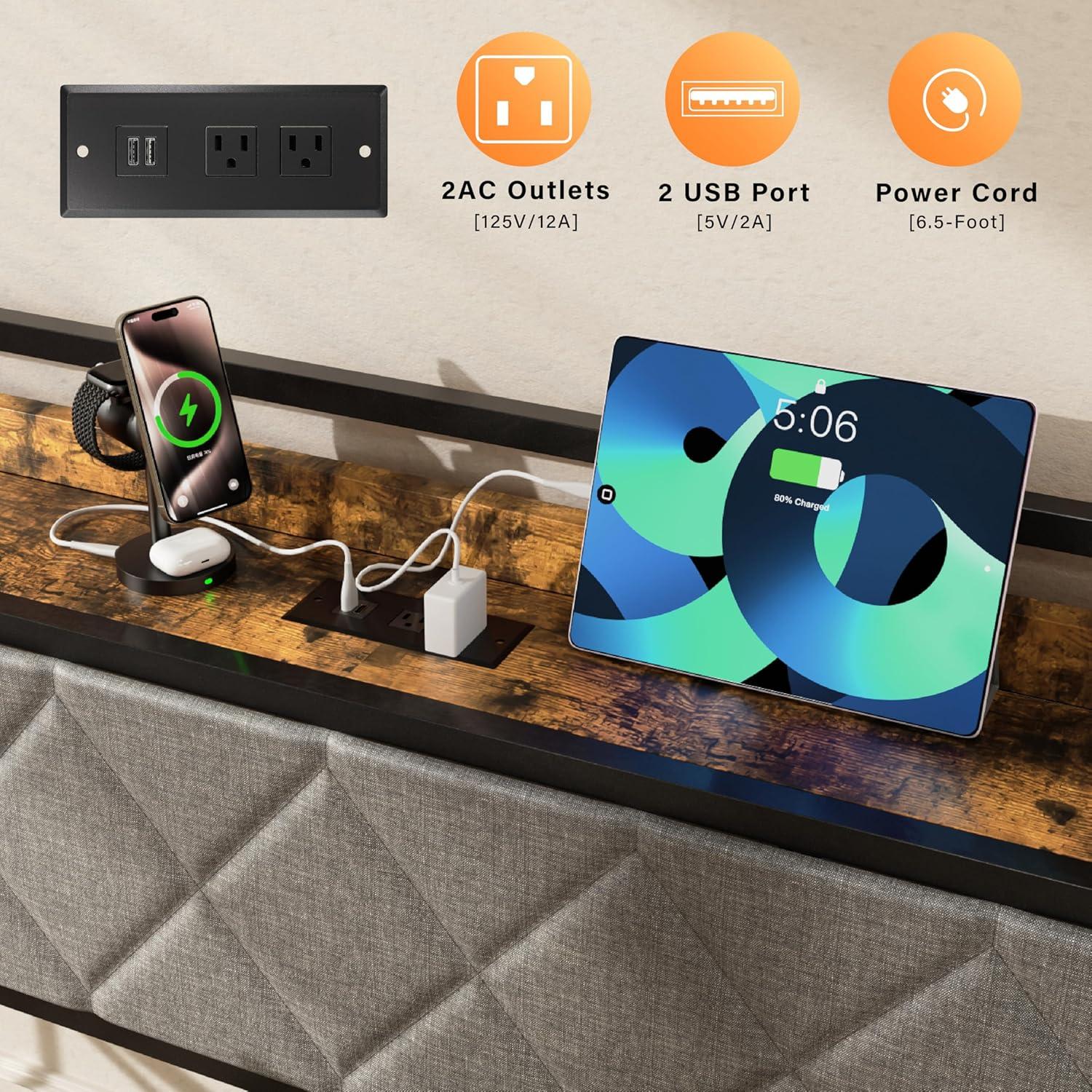 imageVINGLI Twin Daybed with Trundle Bed Sofa DayBed with LED Light ampamp Charing Station Upholstered Bed Frame with Storage Headboard and Heavy Duty Metal Slats for Living Room Bedroom Guest Room GrayBlackfabric Grey