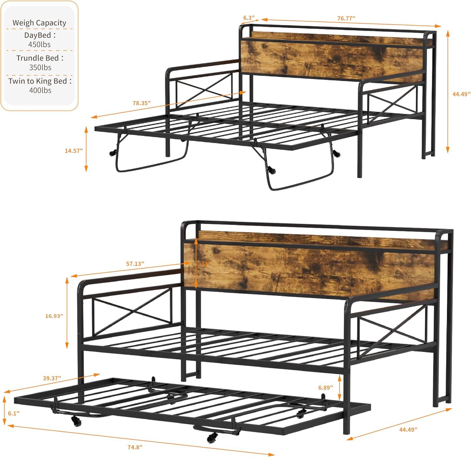 imageVINGLI Twin Daybed with Trundle Bed Sofa DayBed with LED Light ampamp Charing Station Upholstered Bed Frame with Storage Headboard and Heavy Duty Metal Slats for Living Room Bedroom Guest Room GrayBlackindustrial Brown