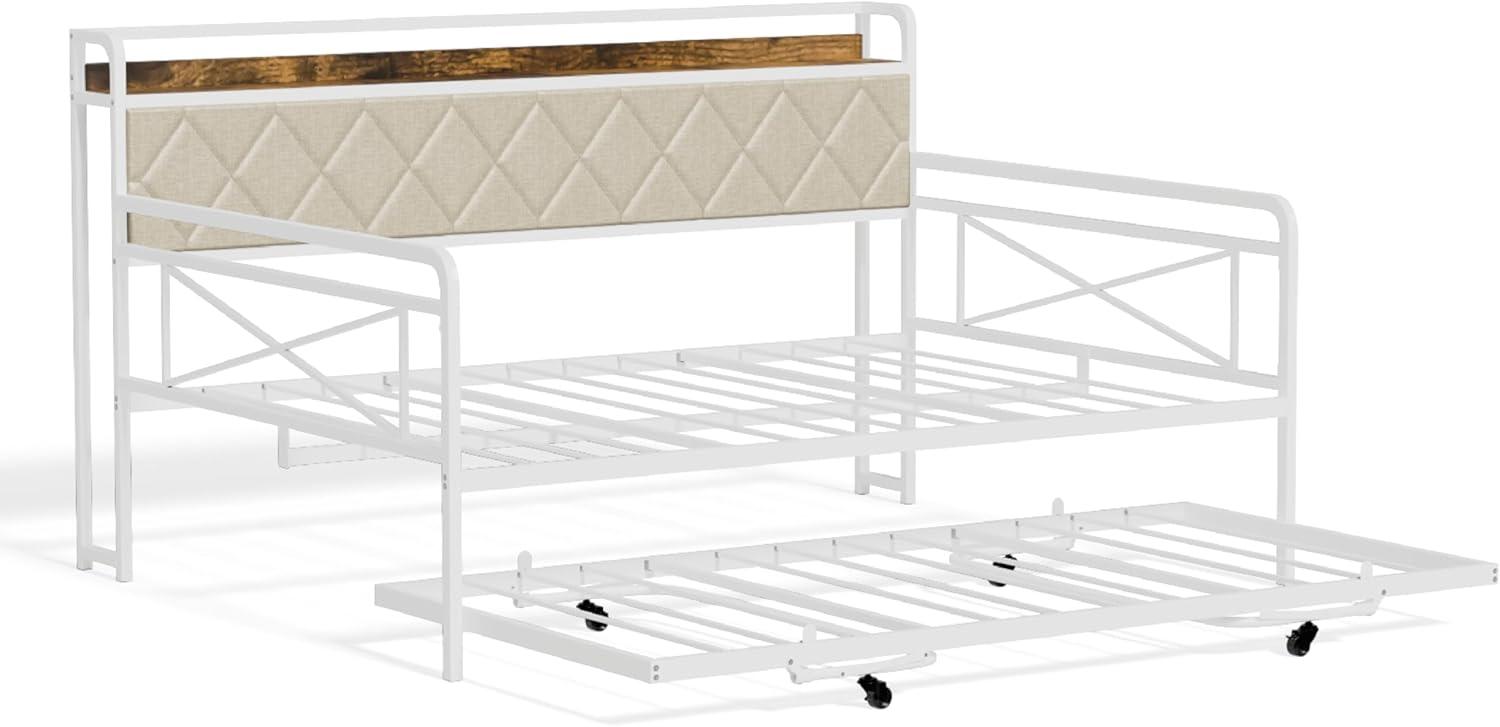 imageVINGLI Twin Daybed with Trundle Bed Sofa DayBed with LED Light ampamp Charing Station Upholstered Bed Frame with Storage Headboard and Heavy Duty Metal Slats for Living Room Bedroom Guest Room GrayWhite  Colorful Led