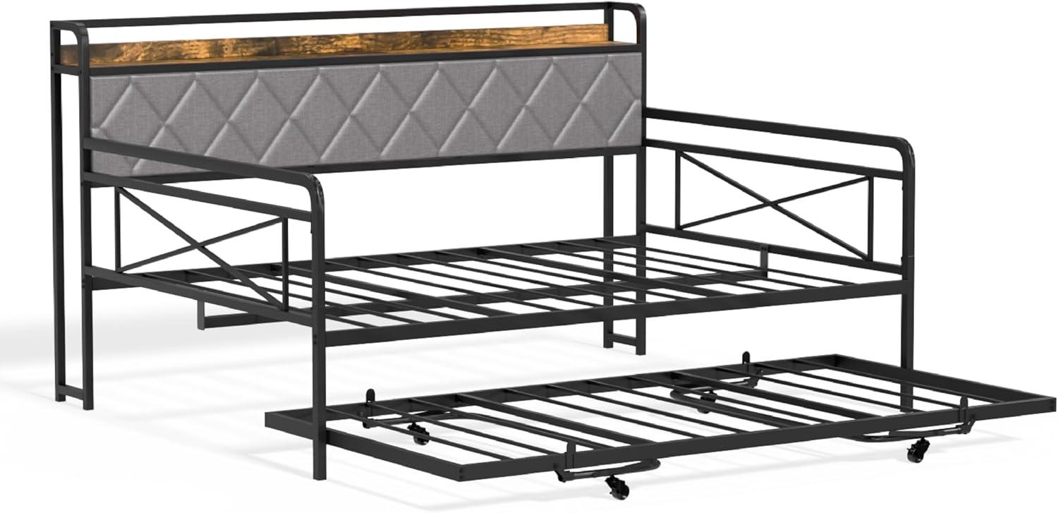 imageVINGLI Twin Daybed with Trundle Bed Sofa DayBed with LED Light ampamp Charing Station Upholstered Bed Frame with Storage Headboard and Heavy Duty Metal Slats for Living Room Bedroom Guest Room GrayBlackfabric Grey
