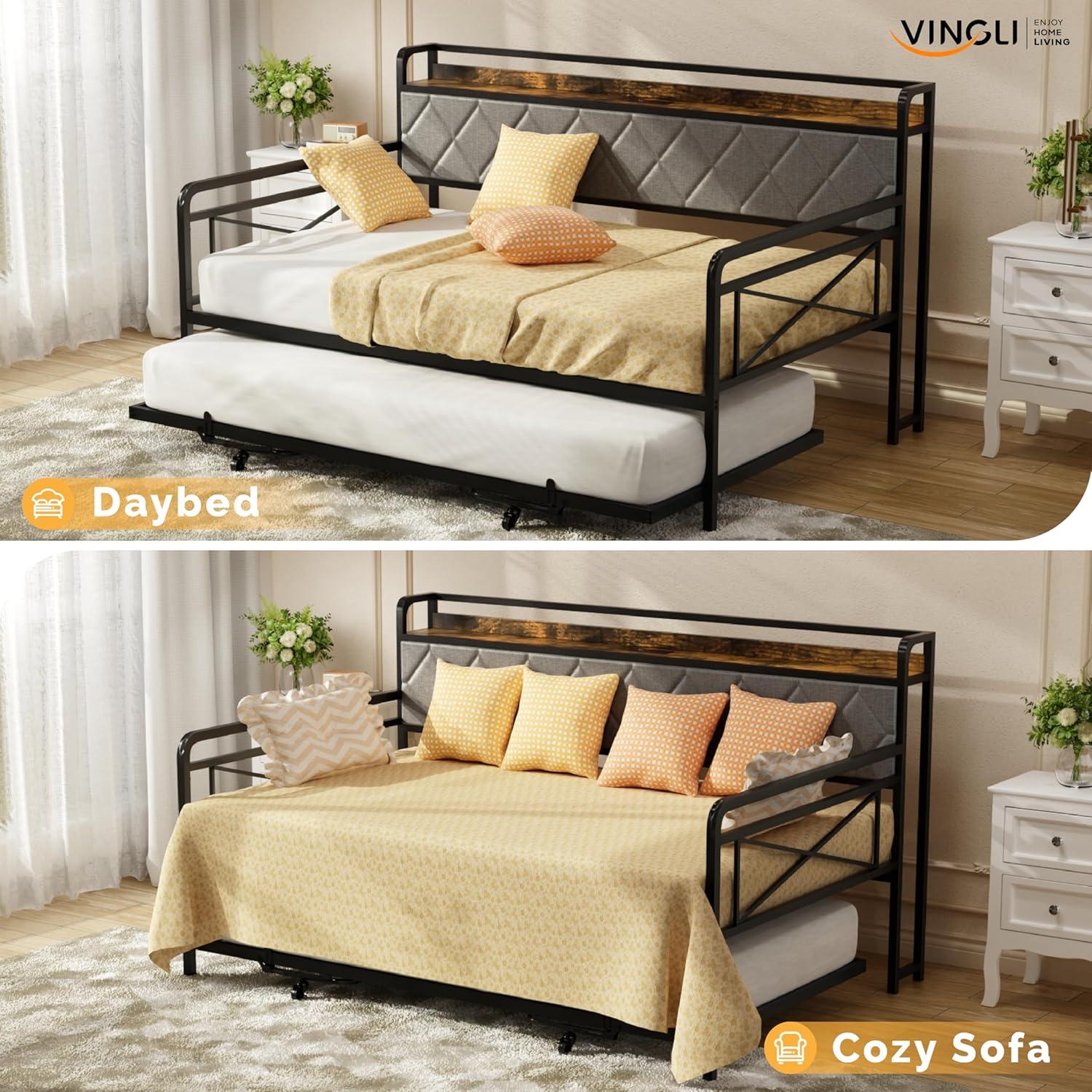 imageVINGLI Twin Daybed with Trundle Bed Sofa DayBed with LED Light ampamp Charing Station Upholstered Bed Frame with Storage Headboard and Heavy Duty Metal Slats for Living Room Bedroom Guest Room GrayBlackfabric Grey