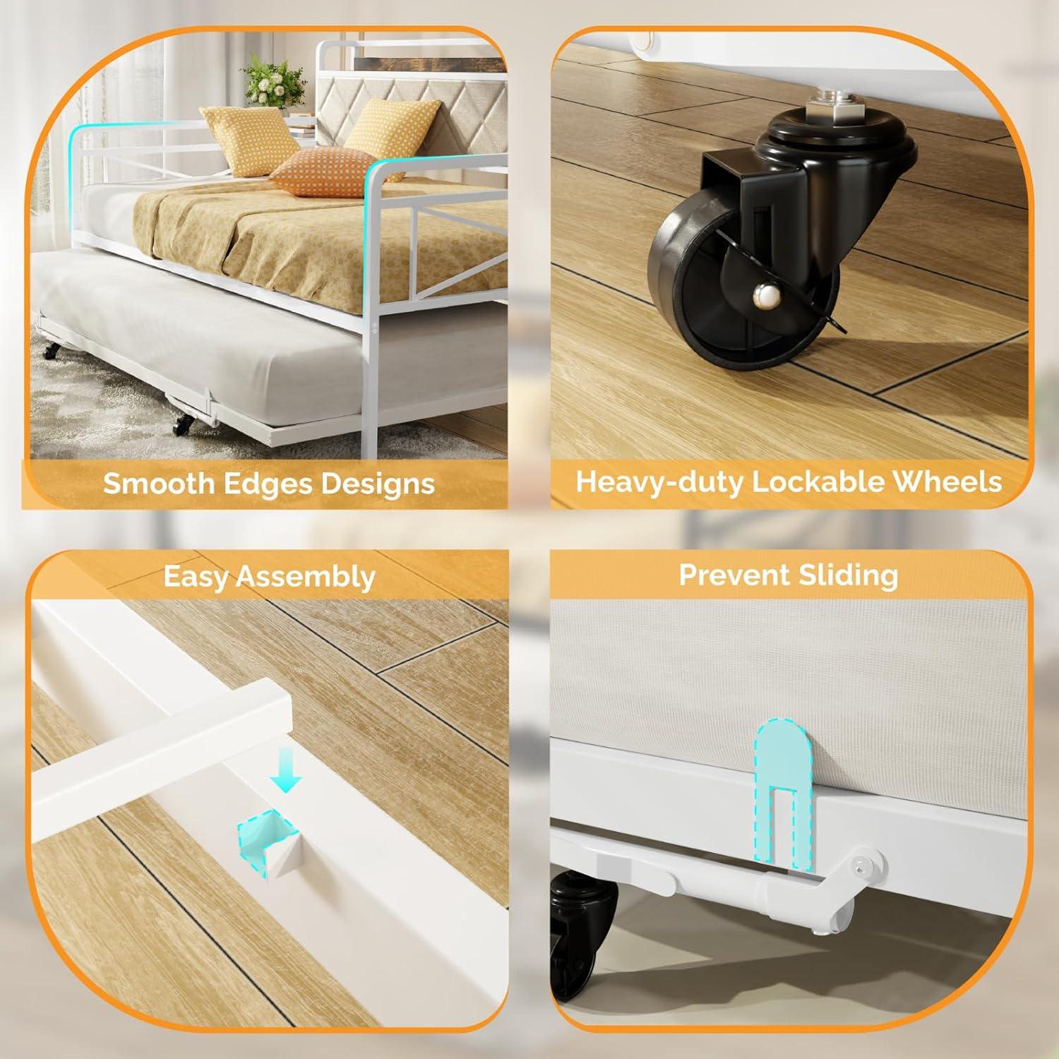 imageVINGLI Twin Daybed with Trundle Bed Sofa DayBed with LED Light ampamp Charing Station Upholstered Bed Frame with Storage Headboard and Heavy Duty Metal Slats for Living Room Bedroom Guest Room GrayWhite  Colorful Led