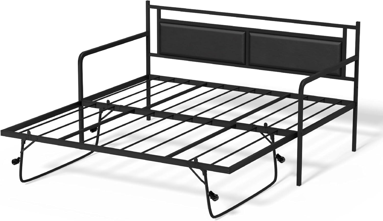 imageVINGLI Twin Daybed with Trundle Bed Sofa DayBed with LED Light ampamp Charing Station Upholstered Bed Frame with Storage Headboard and Heavy Duty Metal Slats for Living Room Bedroom Guest Room GrayBlackleather