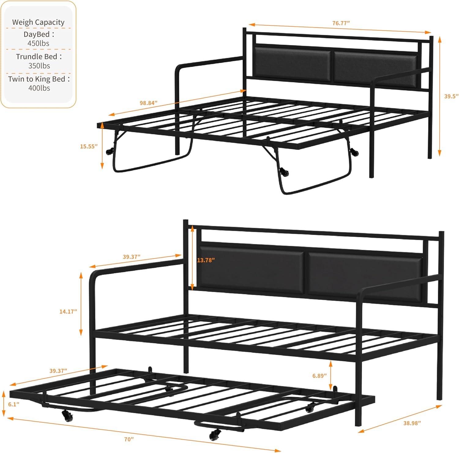 imageVINGLI Twin Daybed with Trundle Bed Sofa DayBed with LED Light ampamp Charing Station Upholstered Bed Frame with Storage Headboard and Heavy Duty Metal Slats for Living Room Bedroom Guest Room GrayBlackleather