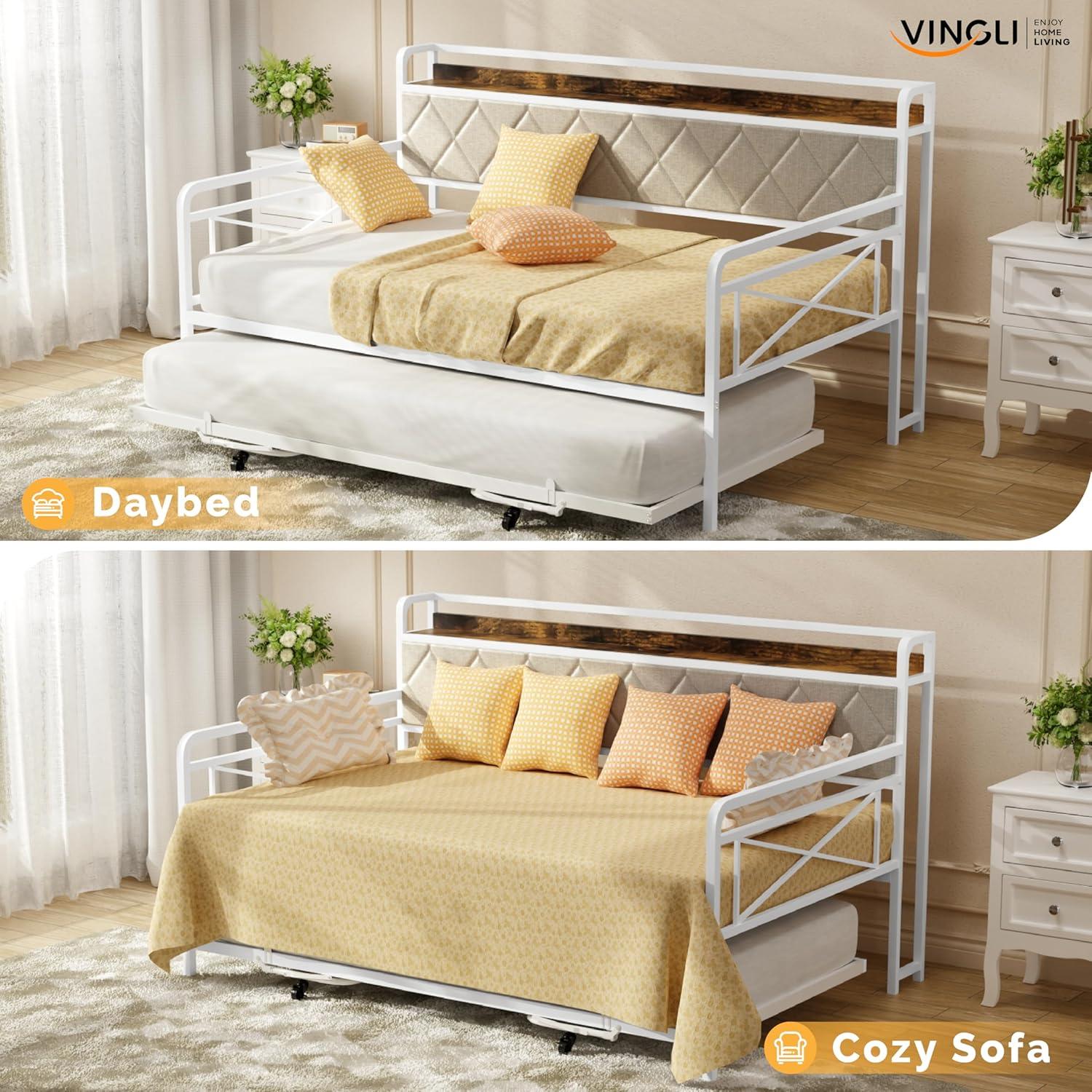 imageVINGLI Twin Daybed with Trundle Bed Sofa DayBed with LED Light ampamp Charing Station Upholstered Bed Frame with Storage Headboard and Heavy Duty Metal Slats for Living Room Bedroom Guest Room GrayWhite  Colorful Led