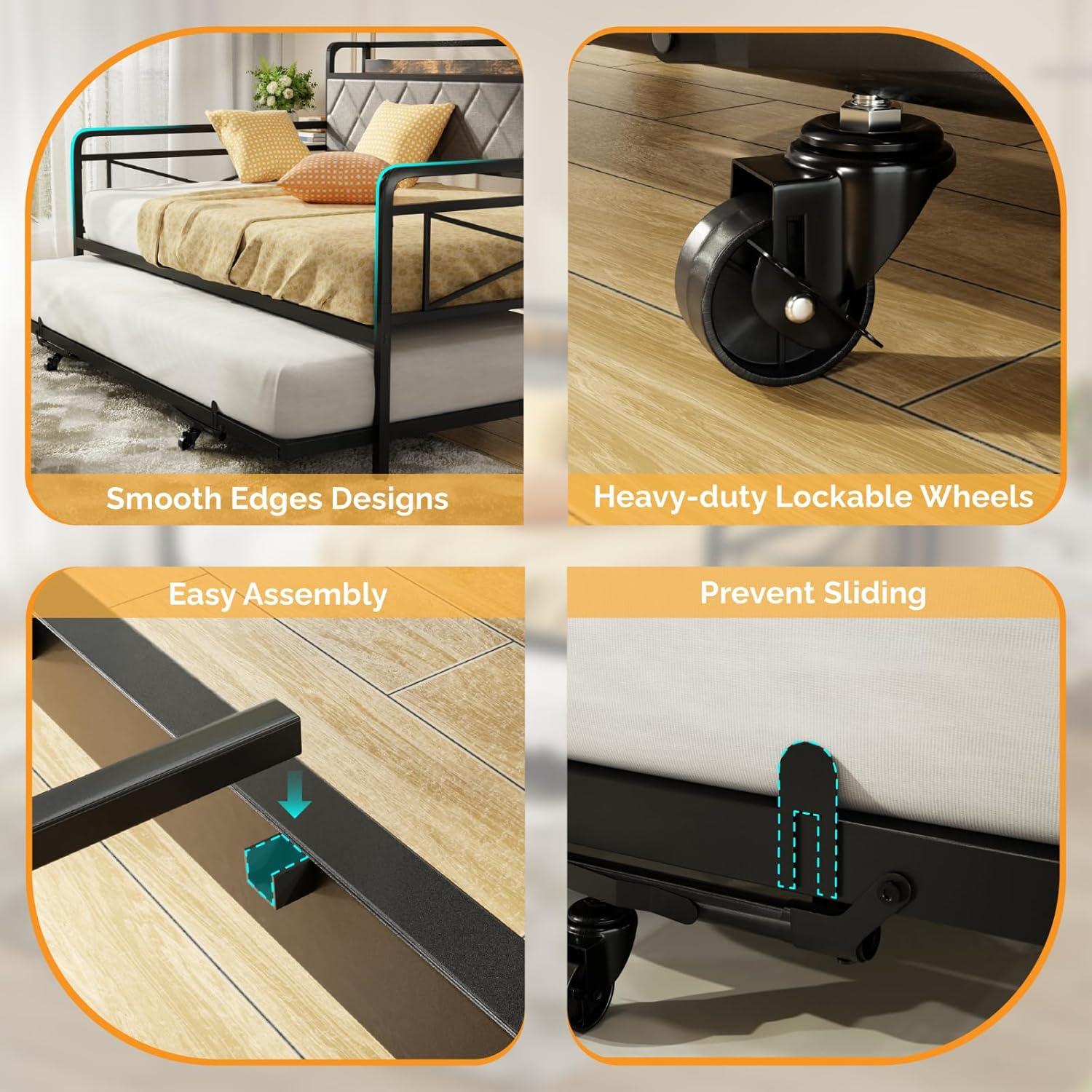 imageVINGLI Twin Daybed with Trundle Bed Sofa DayBed with LED Light ampamp Charing Station Upholstered Bed Frame with Storage Headboard and Heavy Duty Metal Slats for Living Room Bedroom Guest Room GrayBlackfabric Grey