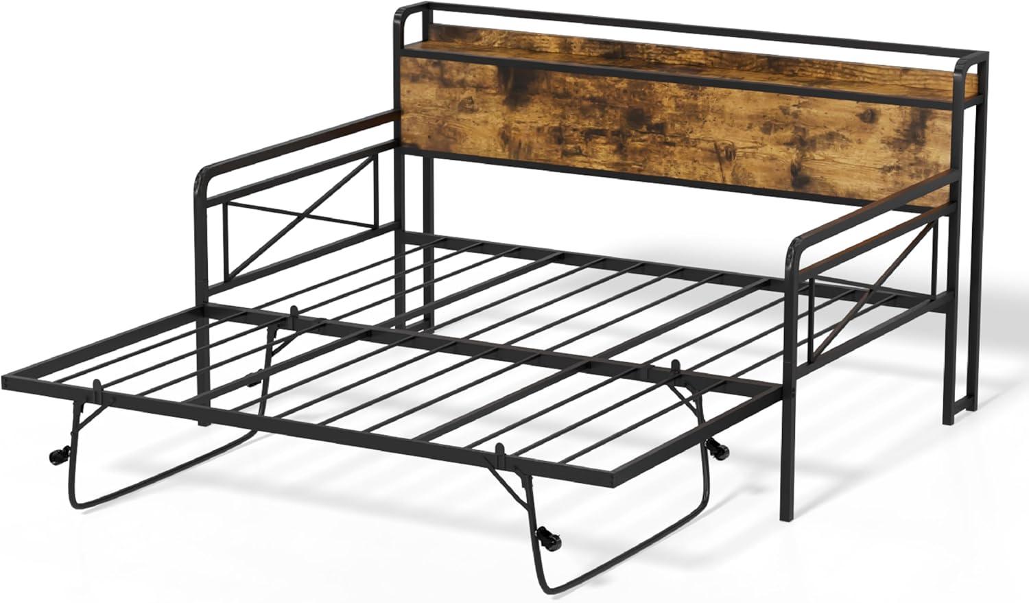 imageVINGLI Twin Daybed with Trundle Bed Sofa DayBed with LED Light ampamp Charing Station Upholstered Bed Frame with Storage Headboard and Heavy Duty Metal Slats for Living Room Bedroom Guest Room GrayBlackindustrial Brown
