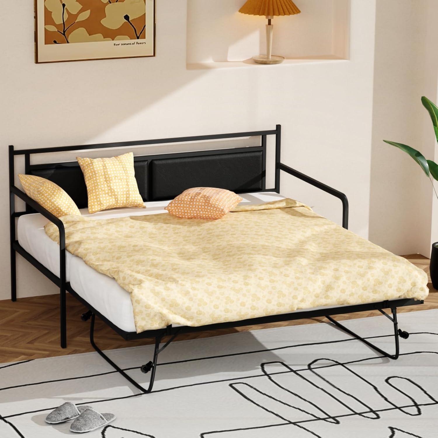 imageVINGLI Twin Daybed with Trundle Bed Sofa DayBed with LED Light ampamp Charing Station Upholstered Bed Frame with Storage Headboard and Heavy Duty Metal Slats for Living Room Bedroom Guest Room GrayBlackleather