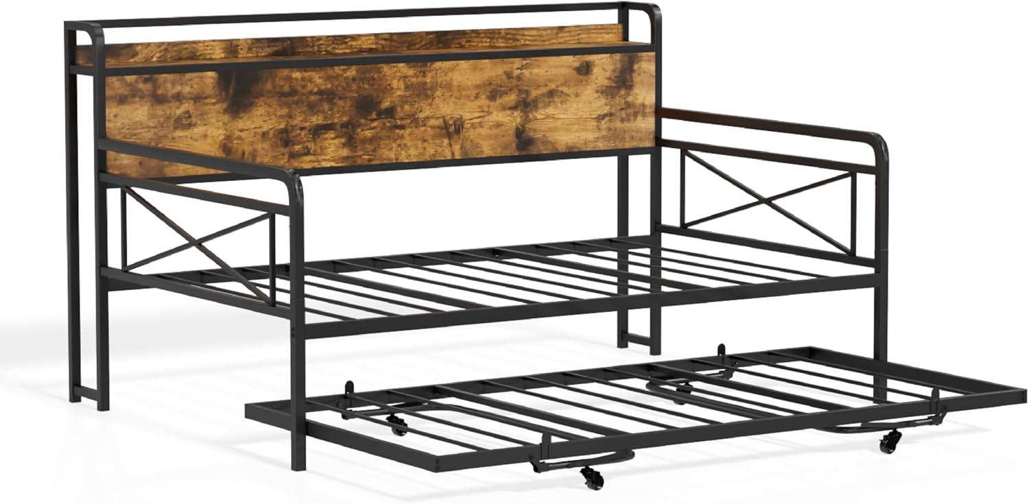 imageVINGLI Twin Daybed with Trundle Bed Sofa DayBed with LED Light ampamp Charing Station Upholstered Bed Frame with Storage Headboard and Heavy Duty Metal Slats for Living Room Bedroom Guest Room GrayBlackindustrial Brown