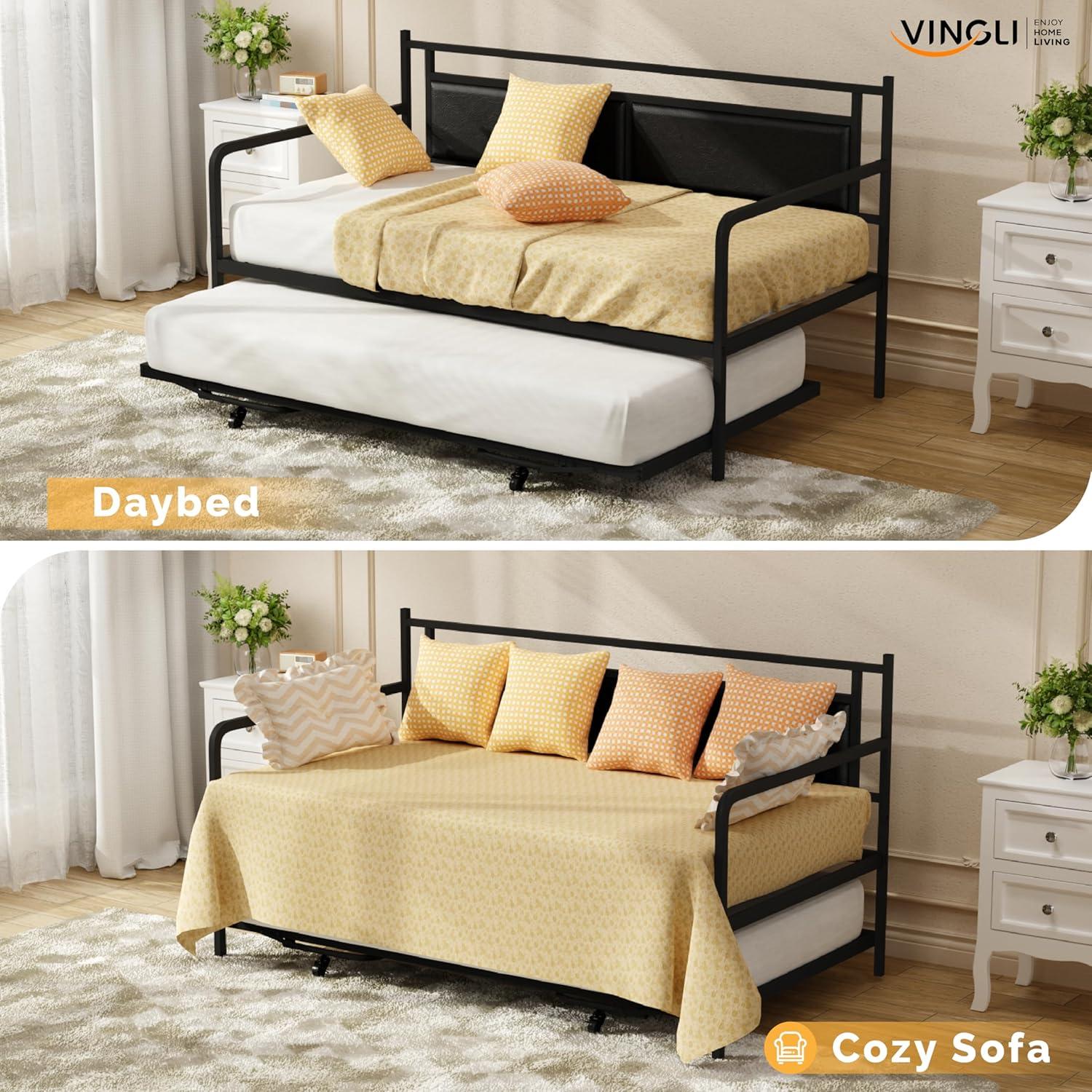 imageVINGLI Twin Daybed with Trundle Bed Sofa DayBed with LED Light ampamp Charing Station Upholstered Bed Frame with Storage Headboard and Heavy Duty Metal Slats for Living Room Bedroom Guest Room GrayBlackleather