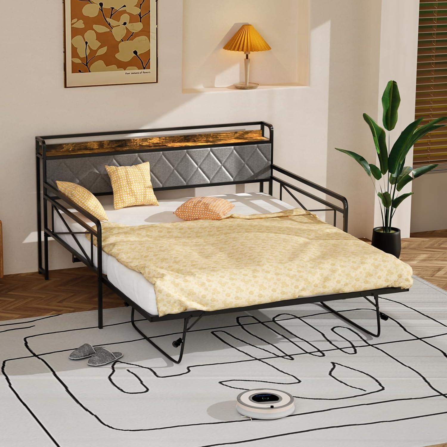 imageVINGLI Twin Daybed with Trundle Bed Sofa DayBed with LED Light ampamp Charing Station Upholstered Bed Frame with Storage Headboard and Heavy Duty Metal Slats for Living Room Bedroom Guest Room GrayBlackfabric Grey