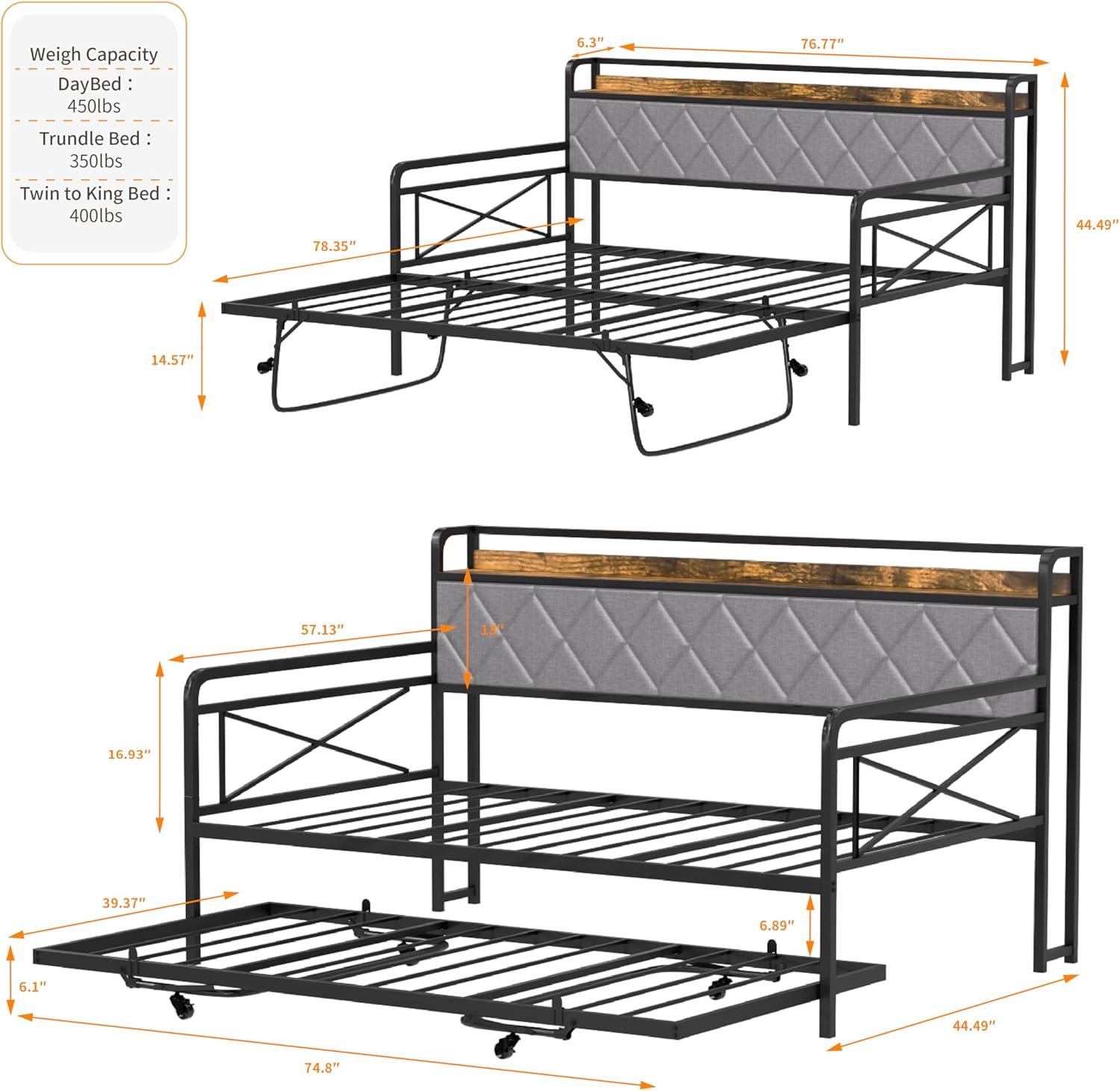 imageVINGLI Twin Daybed with Trundle Bed Sofa DayBed with LED Light ampamp Charing Station Upholstered Bed Frame with Storage Headboard and Heavy Duty Metal Slats for Living Room Bedroom Guest Room GrayBlackfabric Grey