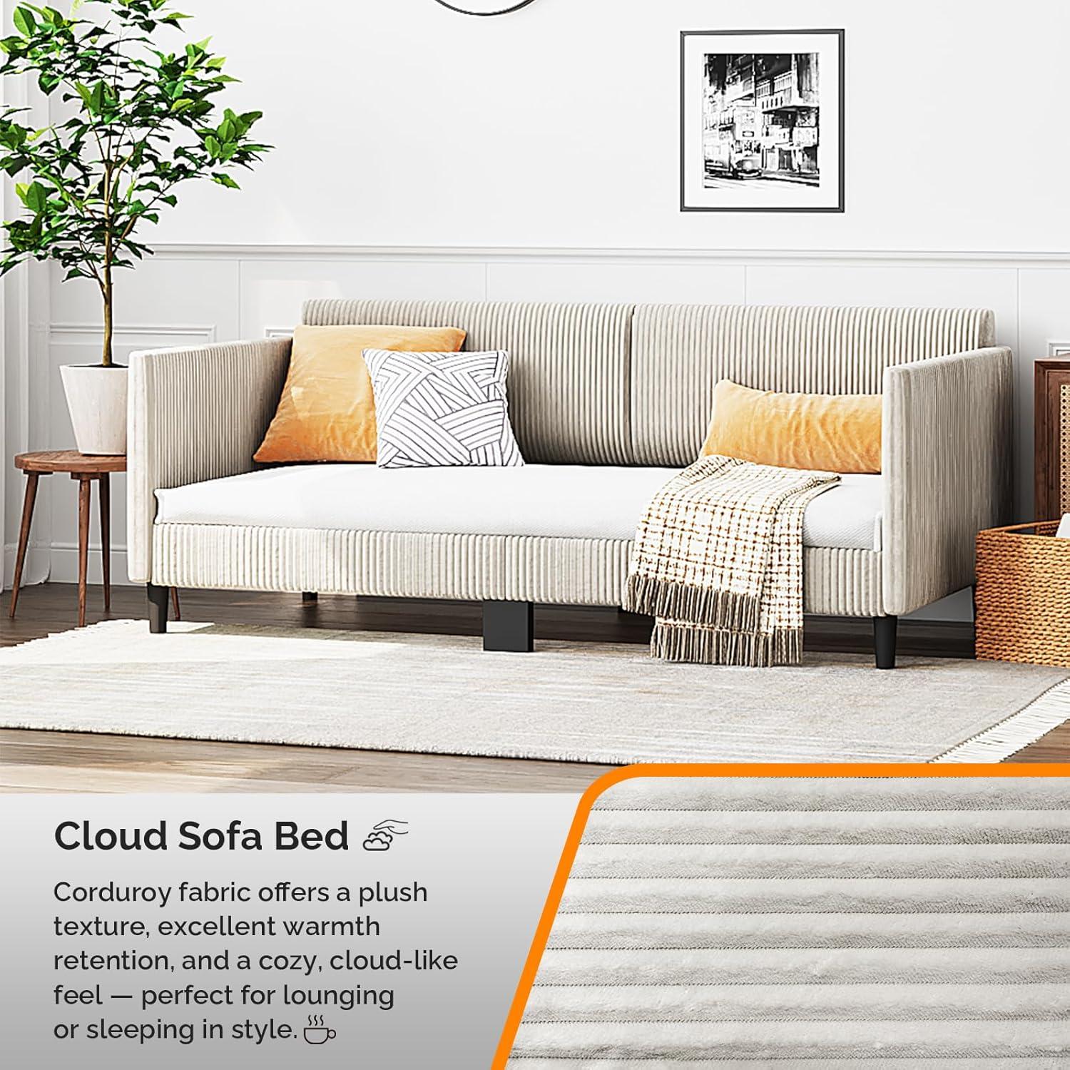 imageVINGLI Twin Size Daybed with 2 Storage Drawers and Pockets Chenille Fabric with Diamond Buttons Upholstered Comfy Sleeper Couch Sofa Bed for Living Room Movie Room Bedroom GrayCorduroy Beige White