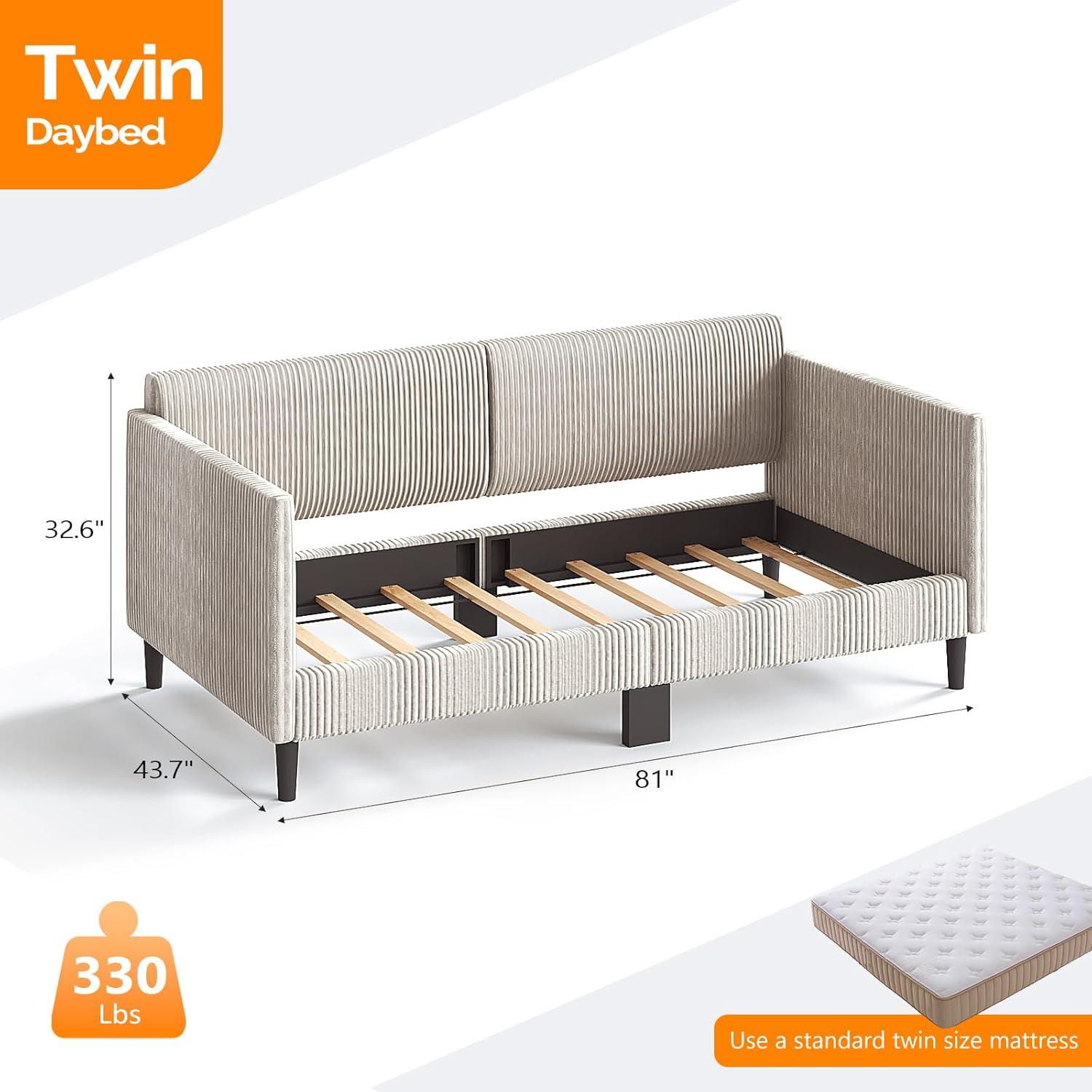 imageVINGLI Twin Size Daybed with 2 Storage Drawers and Pockets Chenille Fabric with Diamond Buttons Upholstered Comfy Sleeper Couch Sofa Bed for Living Room Movie Room Bedroom GrayCorduroy Beige White