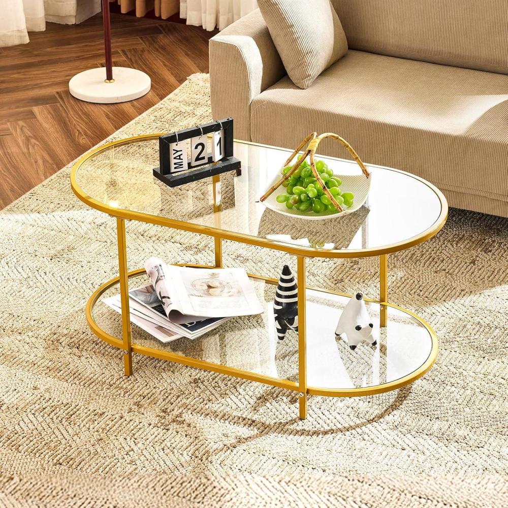 imageVINGLI 256quot Small Light Bright Green Round Coffee Table WaterWave Glass Circle Clear Center Coffee Table with 2Tier Modern Storage Design for Living Room Bedroom Meeting Room Balcony PatioClearoval Bright Gold