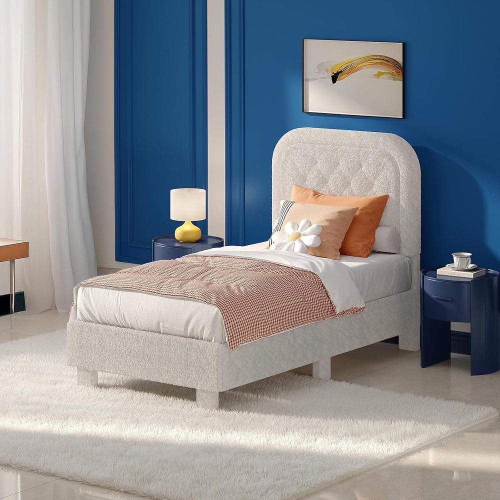 imageVINGLI Cloud Queen Bed Frame with Boucle HeadboardCozy Soft Platform Bed with Wooden Slats Cute Fabric Headboard Cream Modern StyleNoise FreeRounded CornersPinkWhite