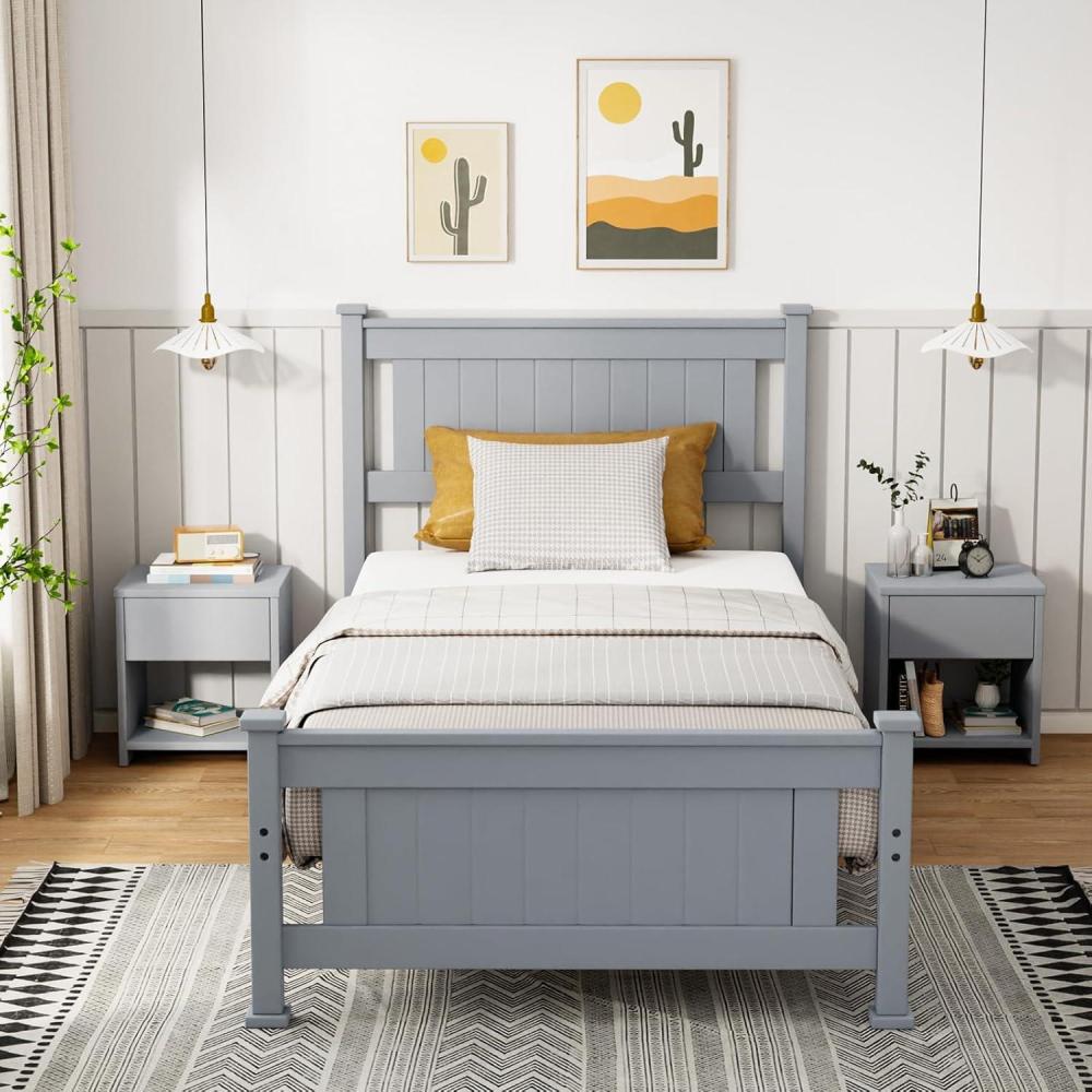imageVINGLI Twin Bed Frame Solid Wood Platform Single Bed with Headboard No Box Spring Needed Panel Bed Wood Slat Support Mattress Foundation GrayGrey