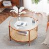 imageVINGLI 256quot Small Light Bright Green Round Coffee Table WaterWave Glass Circle Clear Center Coffee Table with 2Tier Modern Storage Design for Living Room Bedroom Meeting Room Balcony PatioWaterwaveround Rattan Walnut