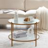 imageVINGLI 256quot Small Light Bright Green Round Coffee Table WaterWave Glass Circle Clear Center Coffee Table with 2Tier Modern Storage Design for Living Room Bedroom Meeting Room Balcony PatioWaterwavematte Gold