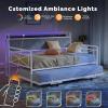 imageVINGLI Twin Daybed with Trundle Bed Sofa DayBed with LED Light ampamp Charing Station Upholstered Bed Frame with Storage Headboard and Heavy Duty Metal Slats for Living Room Bedroom Guest Room GrayWhite  Colorful Led