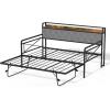 imageVINGLI Twin Daybed with Trundle Bed Sofa DayBed with LED Light ampamp Charing Station Upholstered Bed Frame with Storage Headboard and Heavy Duty Metal Slats for Living Room Bedroom Guest Room GrayBlackfabric Grey