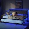 imageVINGLI Twin Daybed with Trundle Bed Sofa DayBed with LED Light ampamp Charing Station Upholstered Bed Frame with Storage Headboard and Heavy Duty Metal Slats for Living Room Bedroom Guest Room GrayBlackfabric Grey