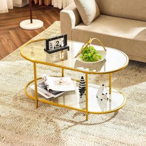 imageVINGLI 256quot Small Light Bright Green Round Coffee Table WaterWave Glass Circle Clear Center Coffee Table with 2Tier Modern Storage Design for Living Room Bedroom Meeting Room Balcony PatioClearoval Bright Gold