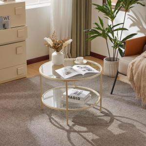 imageVINGLI 256quot Small Light Bright Green Round Coffee Table WaterWave Glass Circle Clear Center Coffee Table with 2Tier Modern Storage Design for Living Room Bedroom Meeting Room Balcony PatioClearbeige