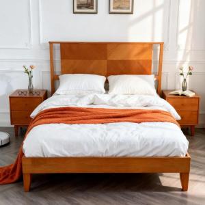 imageVINGLI Solid Wood Twin Size Bed Frame with Headboard MidCentury Modern Platform Panel Bed for Kids TeensAdultsBrownBrown