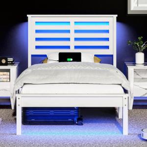 imageVINGLI Twin Bed Frame Solid Wood Platform Single Bed with Headboard No Box Spring Needed Panel Bed Wood Slat Support Mattress Foundation GrayLed White