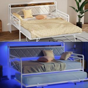 imageVINGLI Twin Daybed with Trundle Bed Sofa DayBed with LED Light ampamp Charing Station Upholstered Bed Frame with Storage Headboard and Heavy Duty Metal Slats for Living Room Bedroom Guest Room GrayWhite  Colorful Led