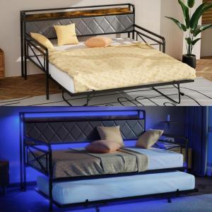 imageVINGLI Twin Daybed with Trundle Bed Sofa DayBed with LED Light ampamp Charing Station Upholstered Bed Frame with Storage Headboard and Heavy Duty Metal Slats for Living Room Bedroom Guest Room GrayBlackfabric Grey
