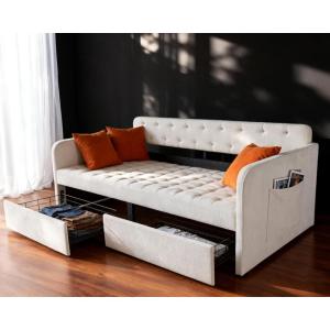 imageVINGLI Twin Size Daybed with 2 Storage Drawers and Pockets Chenille Fabric with Diamond Buttons Upholstered Comfy Sleeper Couch Sofa Bed for Living Room Movie Room Bedroom GrayChenille Beige White