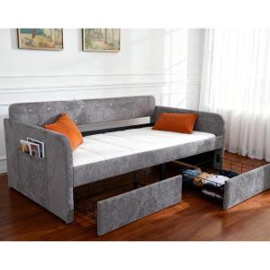 imageVINGLI Twin Size Daybed with 2 Storage Drawers and Pockets Chenille Fabric with Diamond Buttons Upholstered Comfy Sleeper Couch Sofa Bed for Living Room Movie Room Bedroom GrayChenille Gray