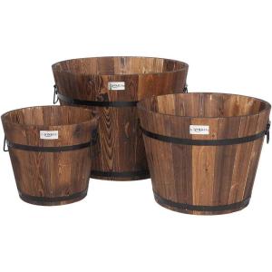 imageVINGLI 3 PCS Large Wooden Planter Barrel Set 115quotDia 18quotDia Real Wood IndoorOutdoor Flower Pot wDrainage Holes Different Sizes Large Garden Container Box