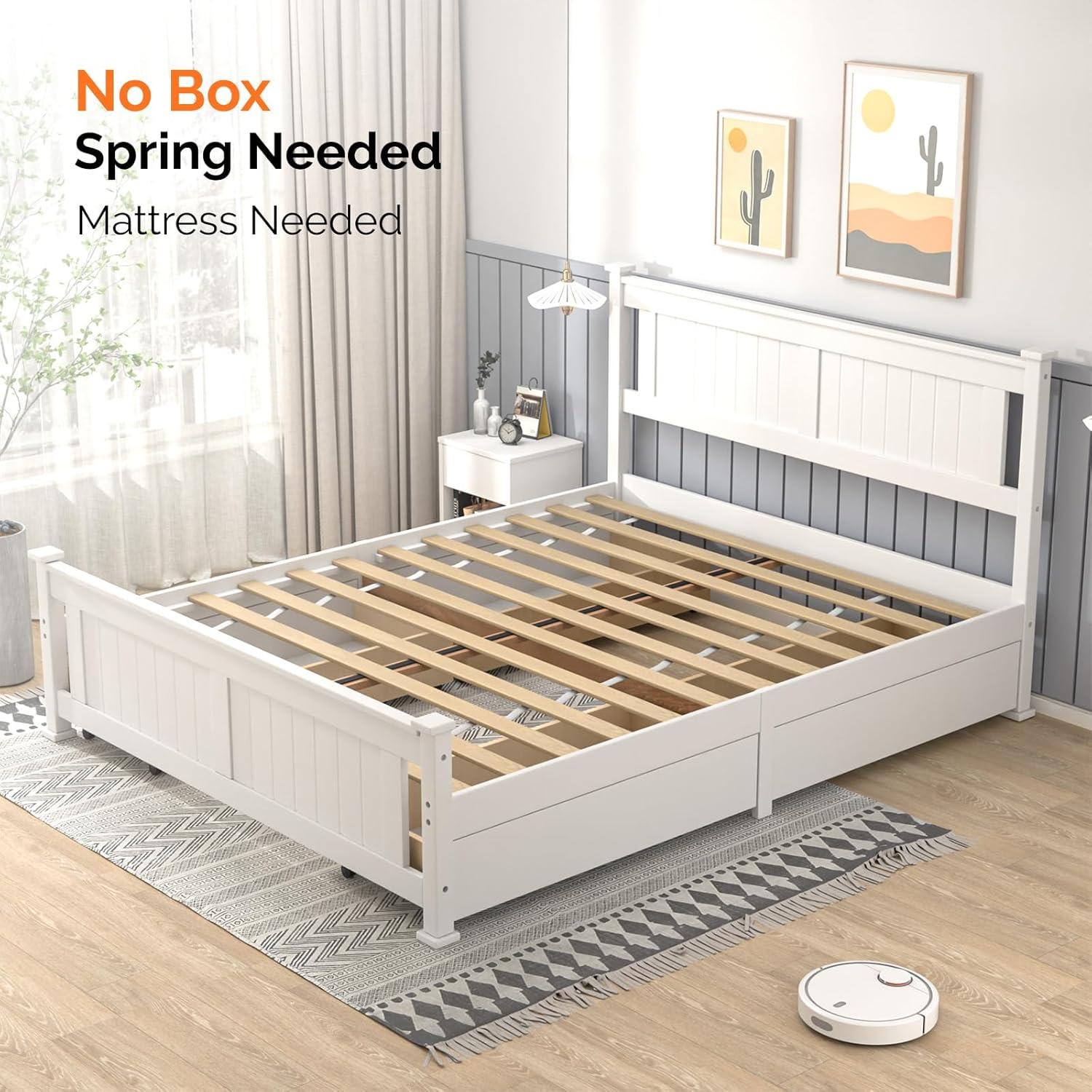 imageVINGLI Solid Wood Queen Size Bed Frame with 4 Storage Drawers for Modern Decor Platform Bed with Headboard SpaveSaving Queen Panel Bed for Kids Teens Adults White