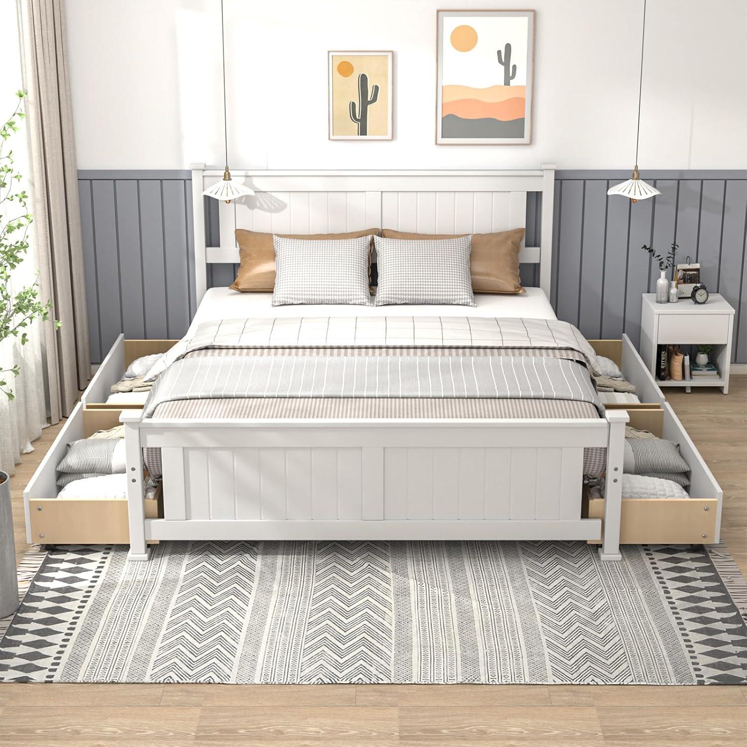 imageVINGLI Solid Wood Queen Size Bed Frame with 4 Storage Drawers for Modern Decor Platform Bed with Headboard SpaveSaving Queen Panel Bed for Kids Teens Adults White