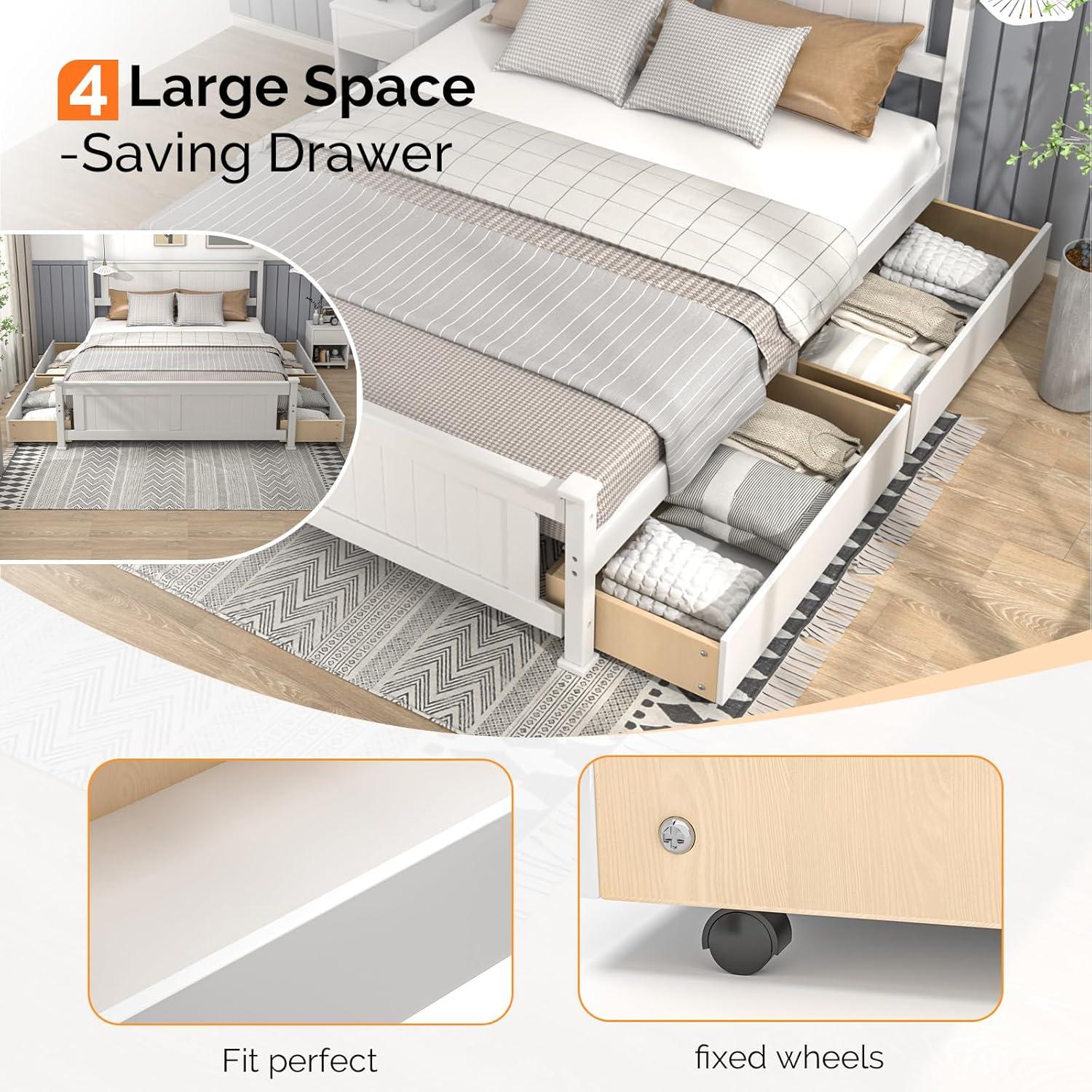 imageVINGLI Solid Wood Queen Size Bed Frame with 4 Storage Drawers for Modern Decor Platform Bed with Headboard SpaveSaving Queen Panel Bed for Kids Teens Adults White