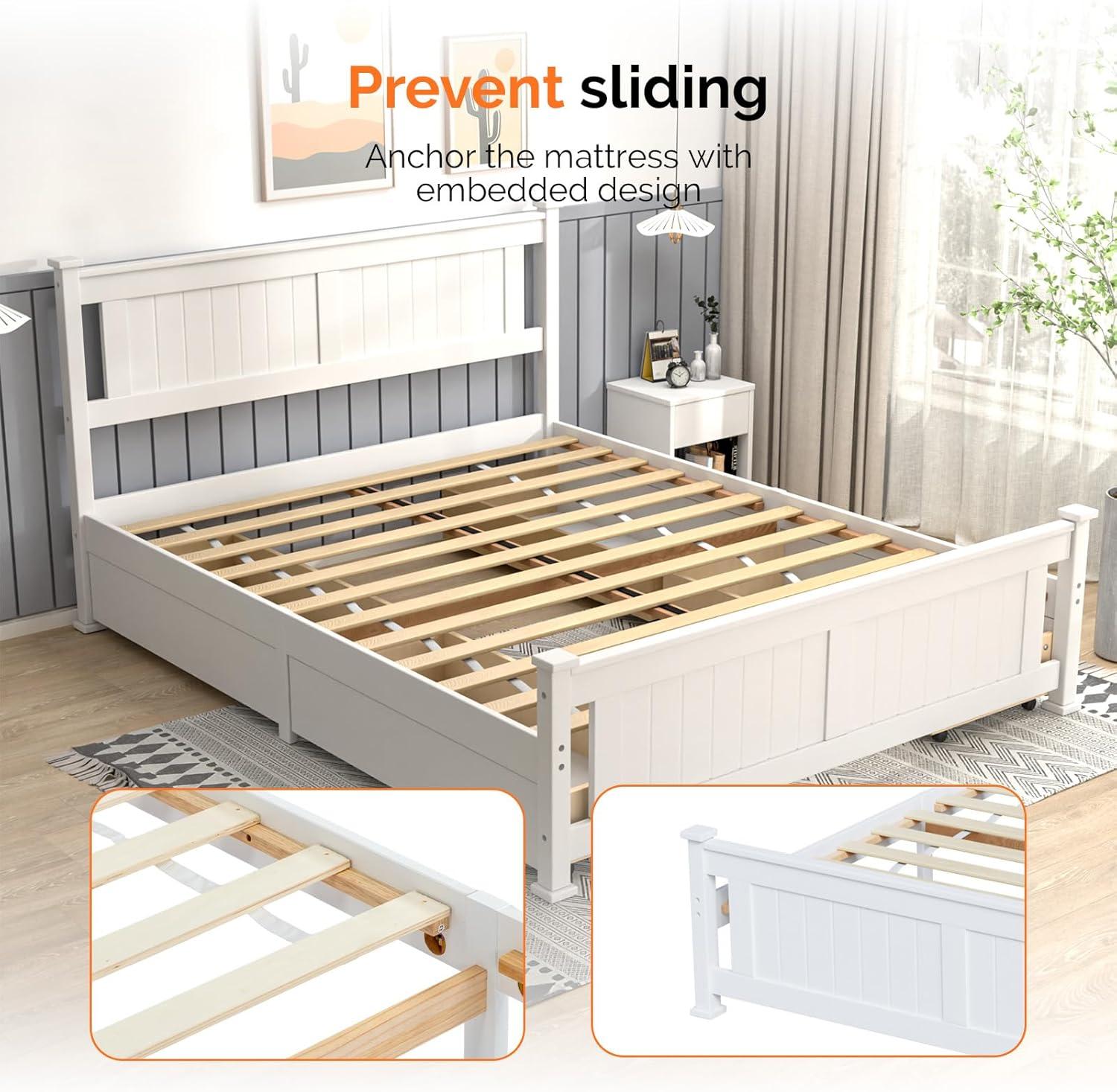 imageVINGLI Solid Wood Queen Size Bed Frame with 4 Storage Drawers for Modern Decor Platform Bed with Headboard SpaveSaving Queen Panel Bed for Kids Teens Adults White